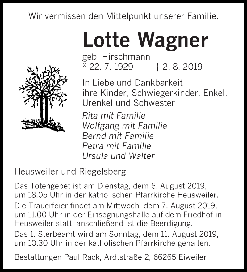  Traueranzeige für Lotte Wagner vom 05.08.2019 aus saarbruecker_zeitung