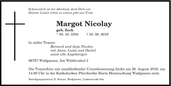 Traueranzeige von Margot Nicolay von saarbruecker_zeitung