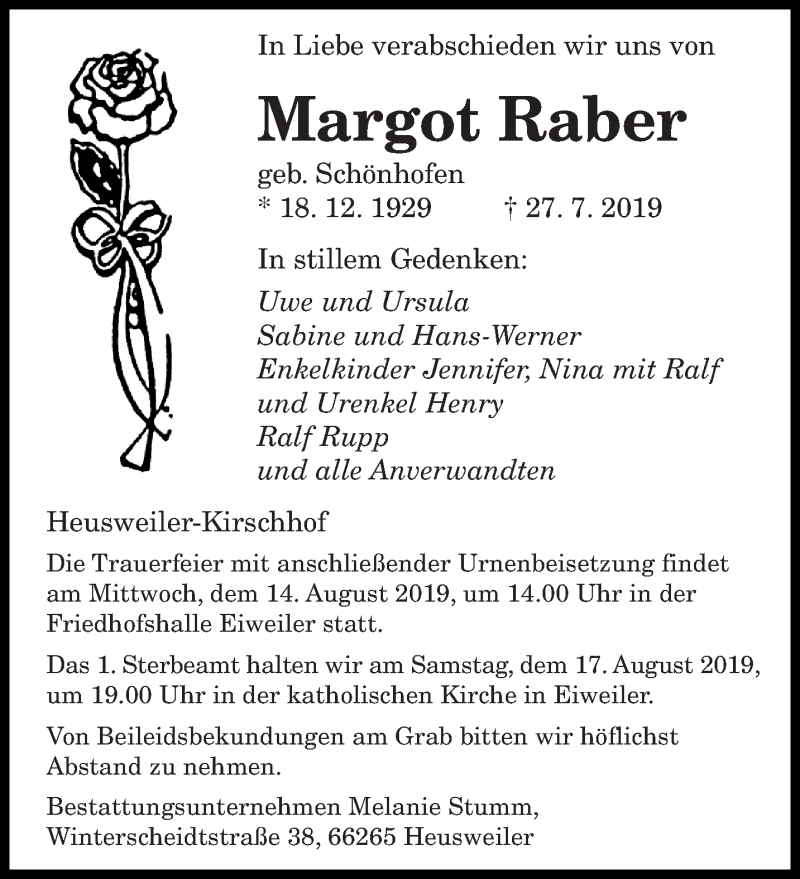  Traueranzeige für Margot Raber vom 10.08.2019 aus saarbruecker_zeitung