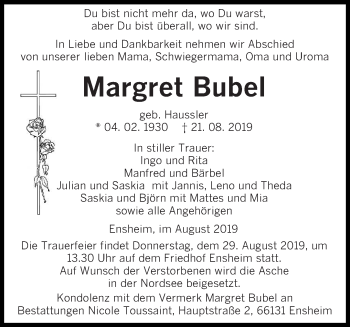 Traueranzeige von Margret Bubel von saarbruecker_zeitung