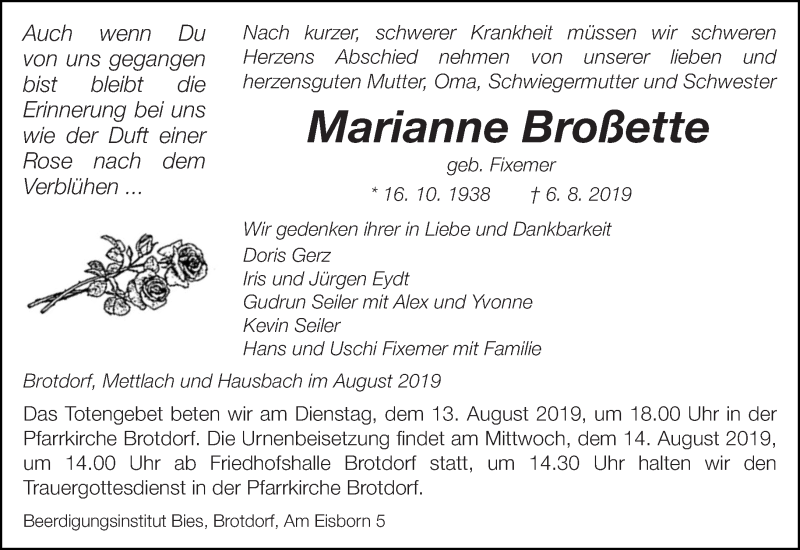  Traueranzeige für Marianne Broßette vom 12.08.2019 aus saarbruecker_zeitung