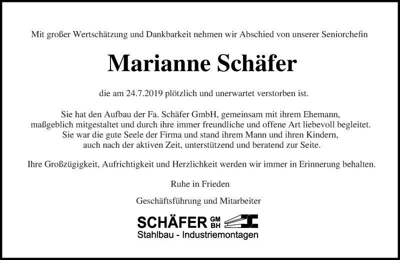  Traueranzeige für Marianne Schäfer vom 03.08.2019 aus saarbruecker_zeitung