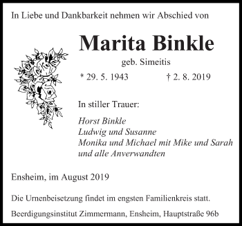 Traueranzeige von Marita Binkle von saarbruecker_zeitung