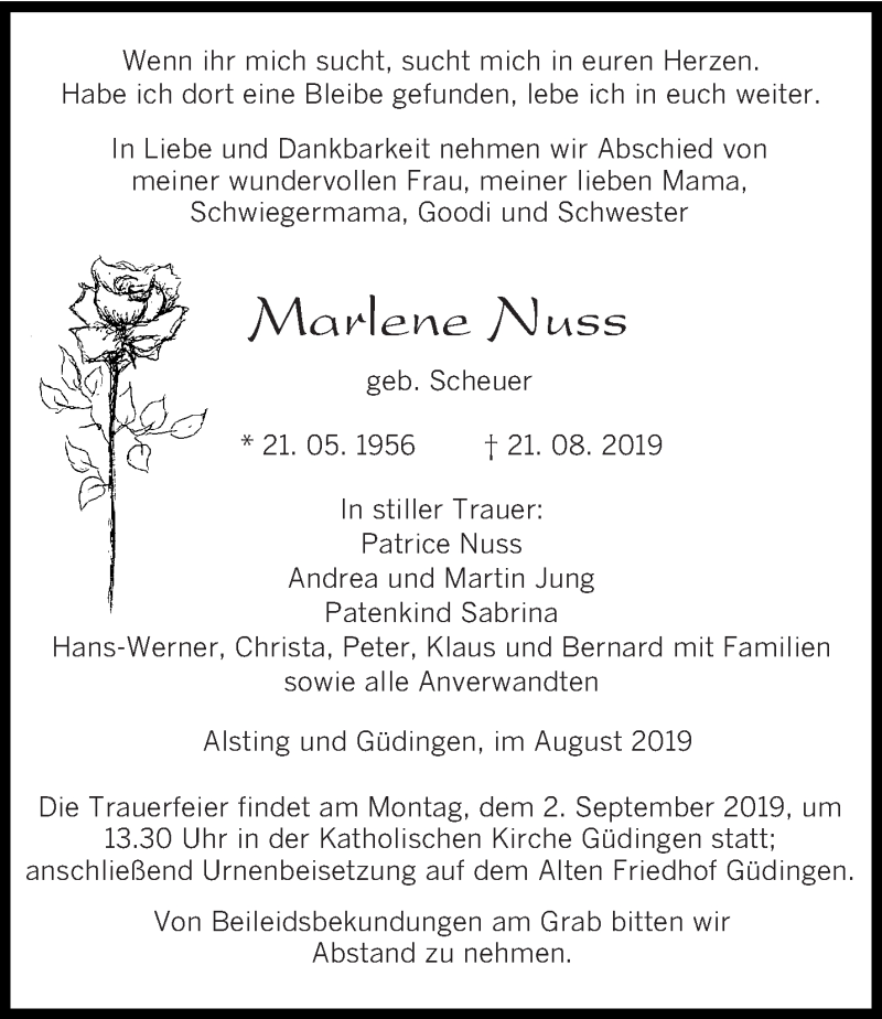  Traueranzeige für Marlene Nuss vom 28.08.2019 aus saarbruecker_zeitung