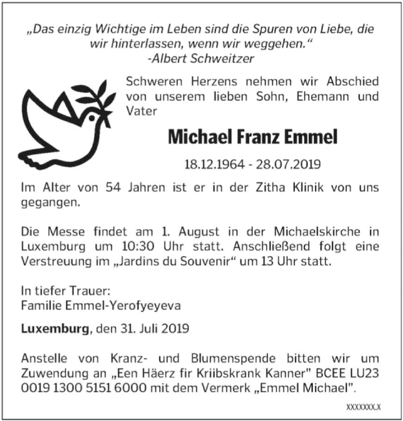  Traueranzeige für Michael Franz Emmel vom 01.08.2019 aus saarbruecker_zeitung