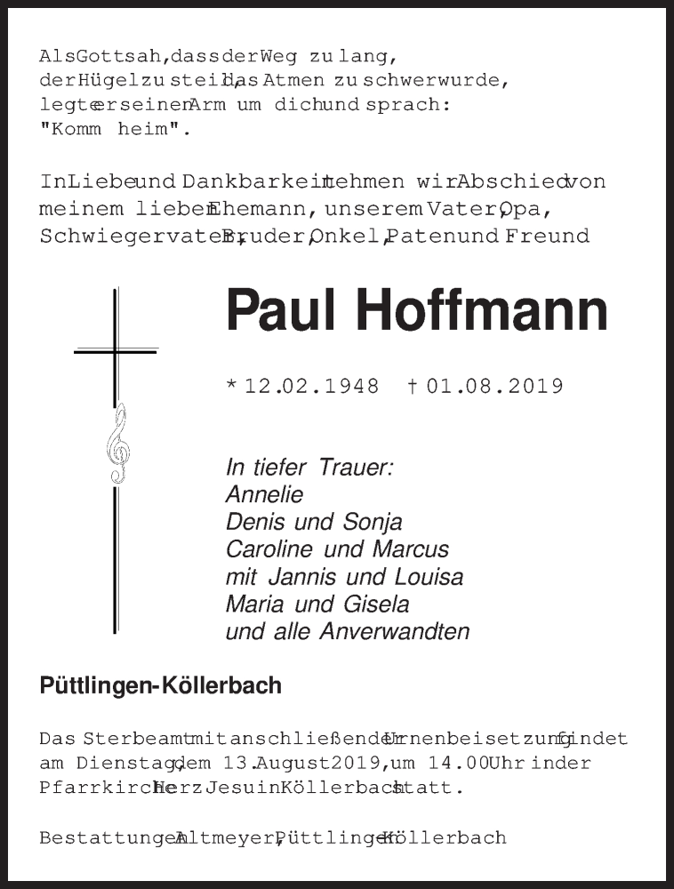  Traueranzeige für Paul Hoffmann vom 09.08.2019 aus saarbruecker_zeitung