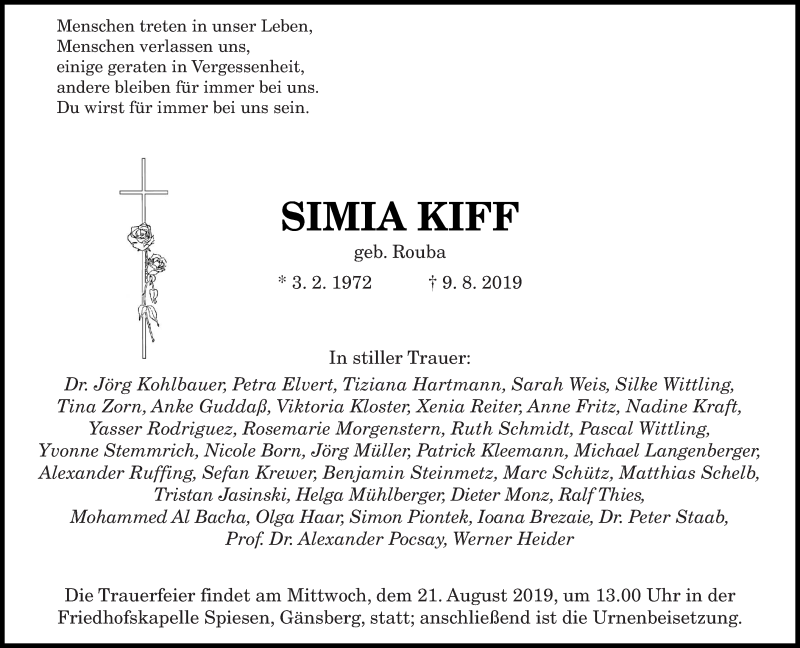  Traueranzeige für Simia Kiff vom 17.08.2019 aus saarbruecker_zeitung
