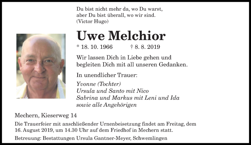  Traueranzeige für Uwe Melchior vom 12.08.2019 aus saarbruecker_zeitung