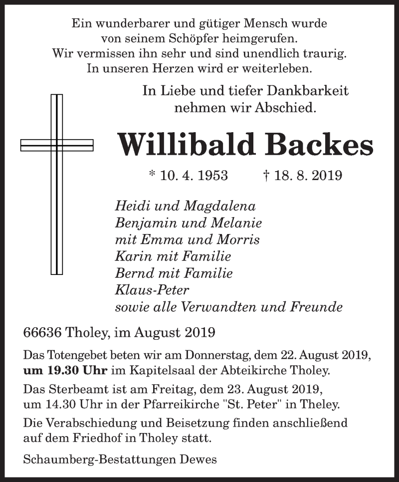  Traueranzeige für Willibald Backes vom 21.08.2019 aus saarbruecker_zeitung