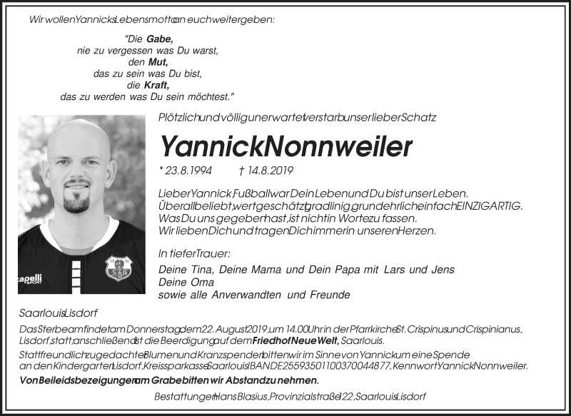  Traueranzeige für Yannick Nonnweiler vom 17.08.2019 aus saarbruecker_zeitung
