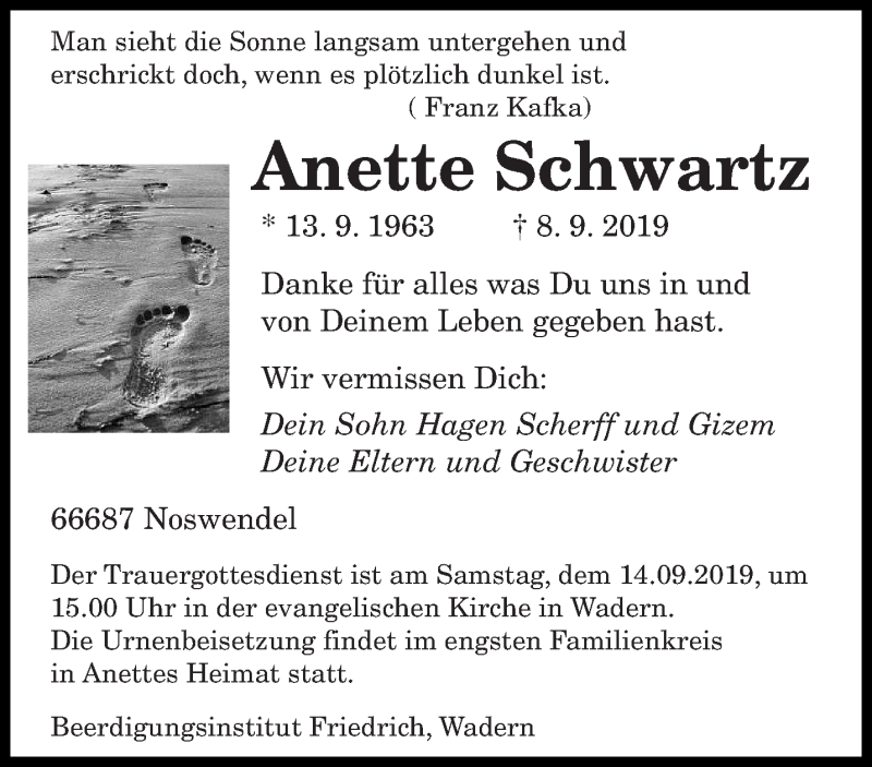  Traueranzeige für Anette Schwartz vom 11.09.2019 aus saarbruecker_zeitung