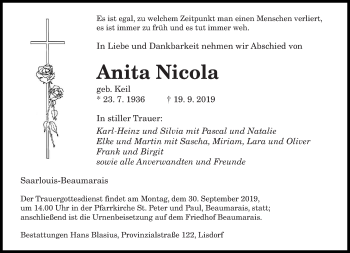 Traueranzeige von Anita Nicola von saarbruecker_zeitung