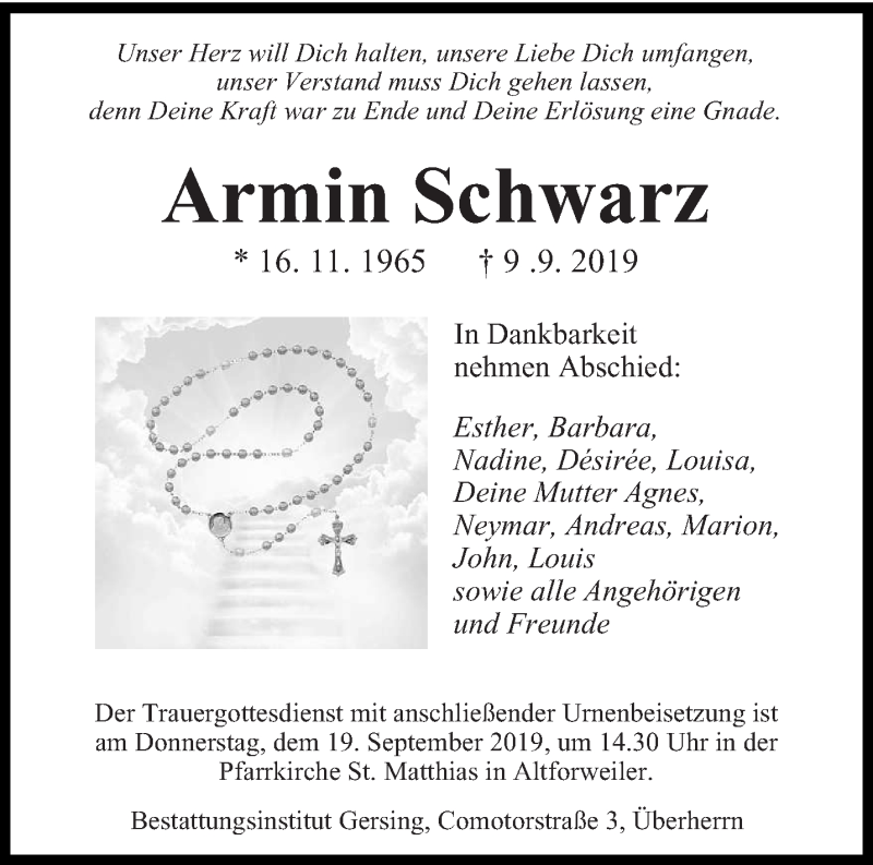  Traueranzeige für Armin Schwarz vom 14.09.2019 aus saarbruecker_zeitung