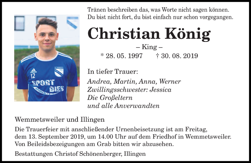  Traueranzeige für Christian König vom 10.09.2019 aus saarbruecker_zeitung
