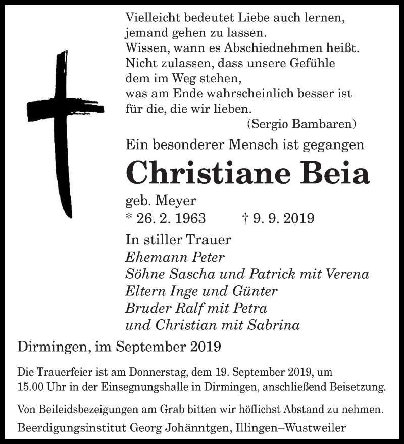  Traueranzeige für Christiane Beia vom 16.09.2019 aus saarbruecker_zeitung