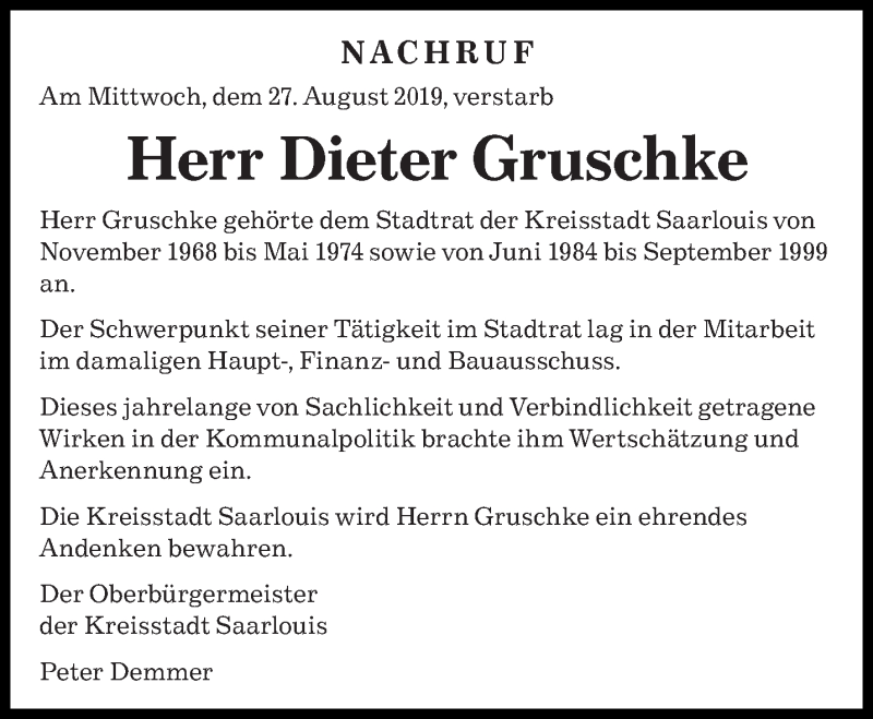  Traueranzeige für Dieter Gruschke vom 31.08.2019 aus saarbruecker_zeitung