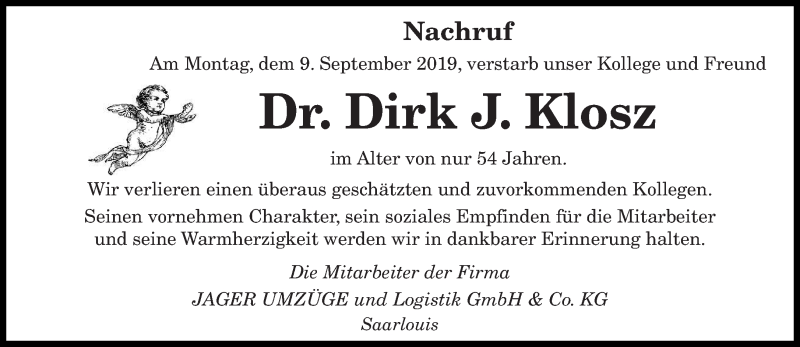  Traueranzeige für Dirk J. Klosz vom 13.09.2019 aus saarbruecker_zeitung