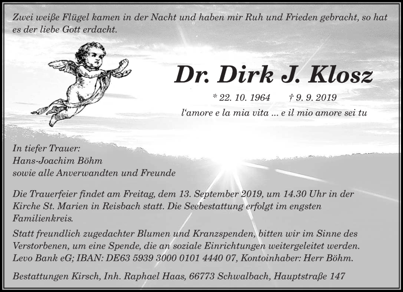 Traueranzeige für Dirk J. Klosz vom 12.09.2019 aus saarbruecker_zeitung
