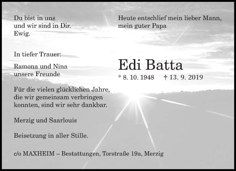  Traueranzeige für Edi Batta vom 17.09.2019 aus saarbruecker_zeitung