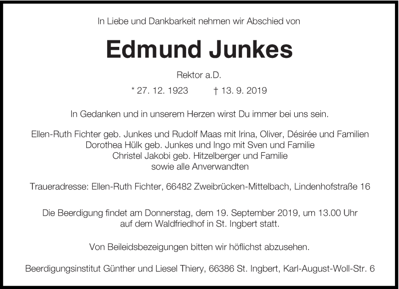  Traueranzeige für Edmund Junkes vom 17.09.2019 aus saarbruecker_zeitung