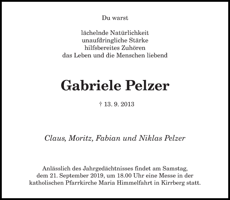  Traueranzeige für Gabriele Pelzer vom 13.09.2019 aus saarbruecker_zeitung