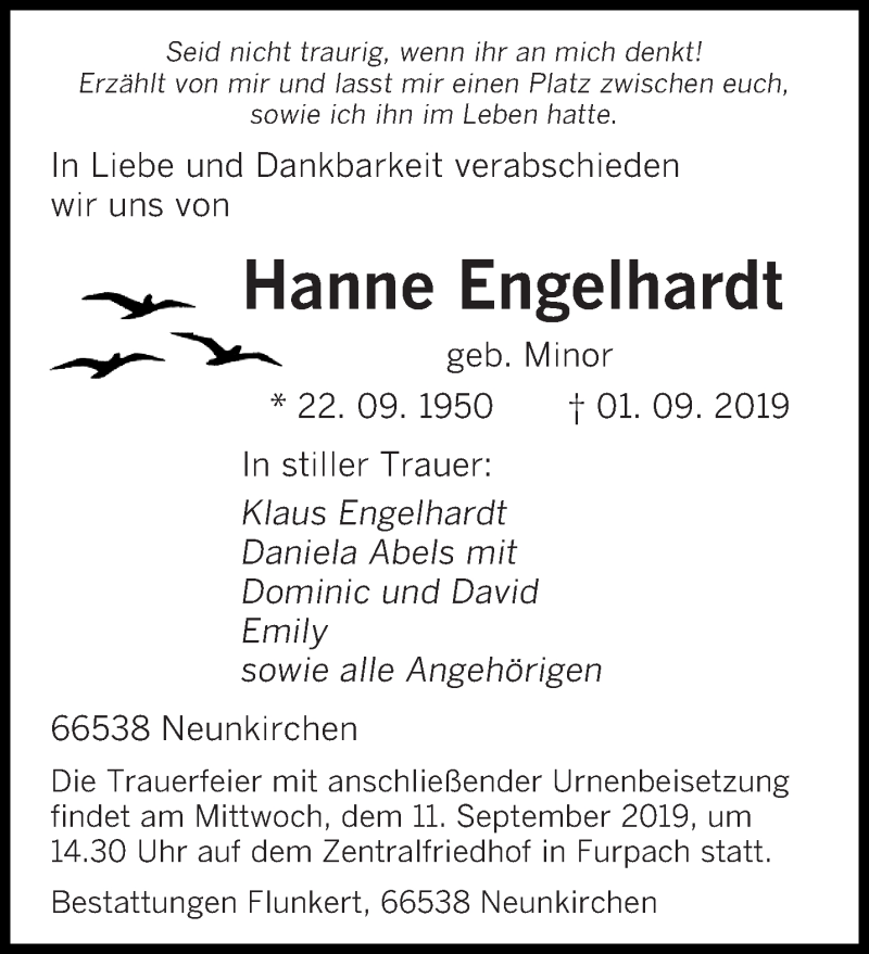  Traueranzeige für Hanne Engelhardt vom 07.09.2019 aus saarbruecker_zeitung