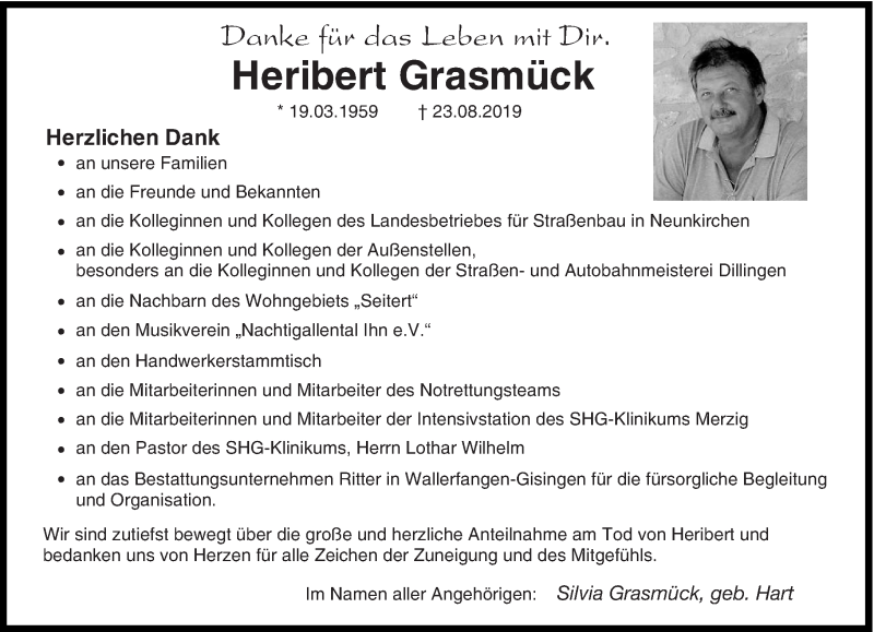  Traueranzeige für Heribert Grasmück vom 11.09.2019 aus saarbruecker_zeitung