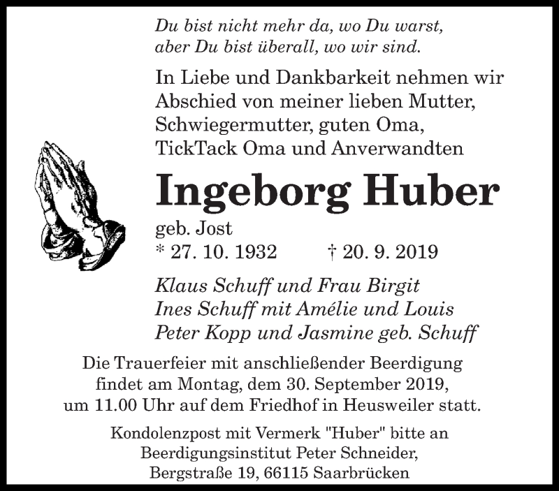  Traueranzeige für Ingeborg Huber vom 27.09.2019 aus saarbruecker_zeitung
