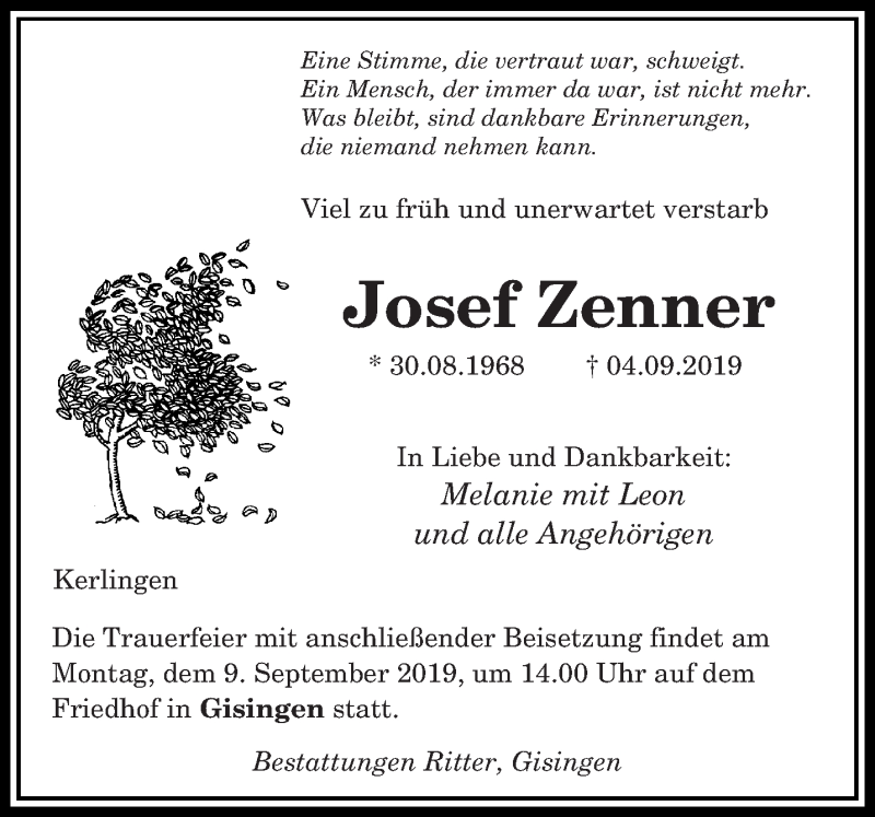  Traueranzeige für Josef Zenner vom 06.09.2019 aus saarbruecker_zeitung