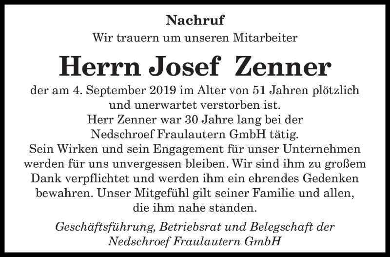  Traueranzeige für Josef Zenner vom 14.09.2019 aus saarbruecker_zeitung