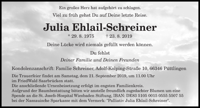 Traueranzeige für Julia Ehlail-Schreiner vom 31.08.2019 aus saarbruecker_zeitung