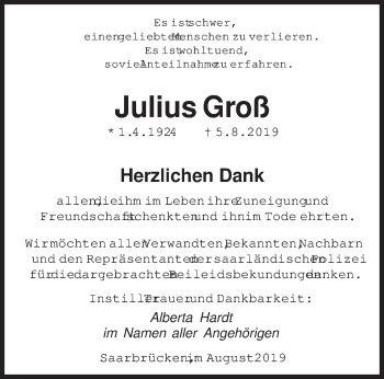 Traueranzeige von Julius Groß von saarbruecker_zeitung