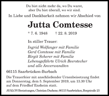 Traueranzeige von Jutta Comtesse von saarbruecker_zeitung