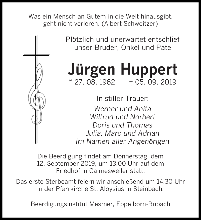  Traueranzeige für Jürgen Huppert vom 10.09.2019 aus saarbruecker_zeitung