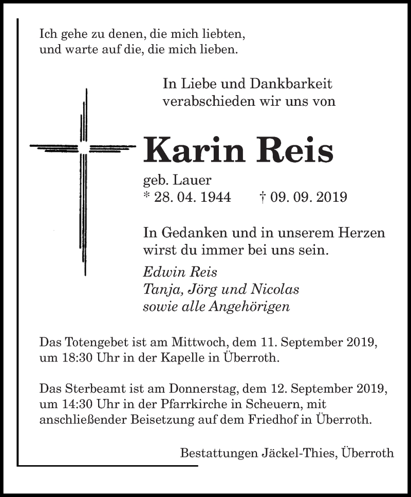  Traueranzeige für Karin Reis vom 10.09.2019 aus saarbruecker_zeitung
