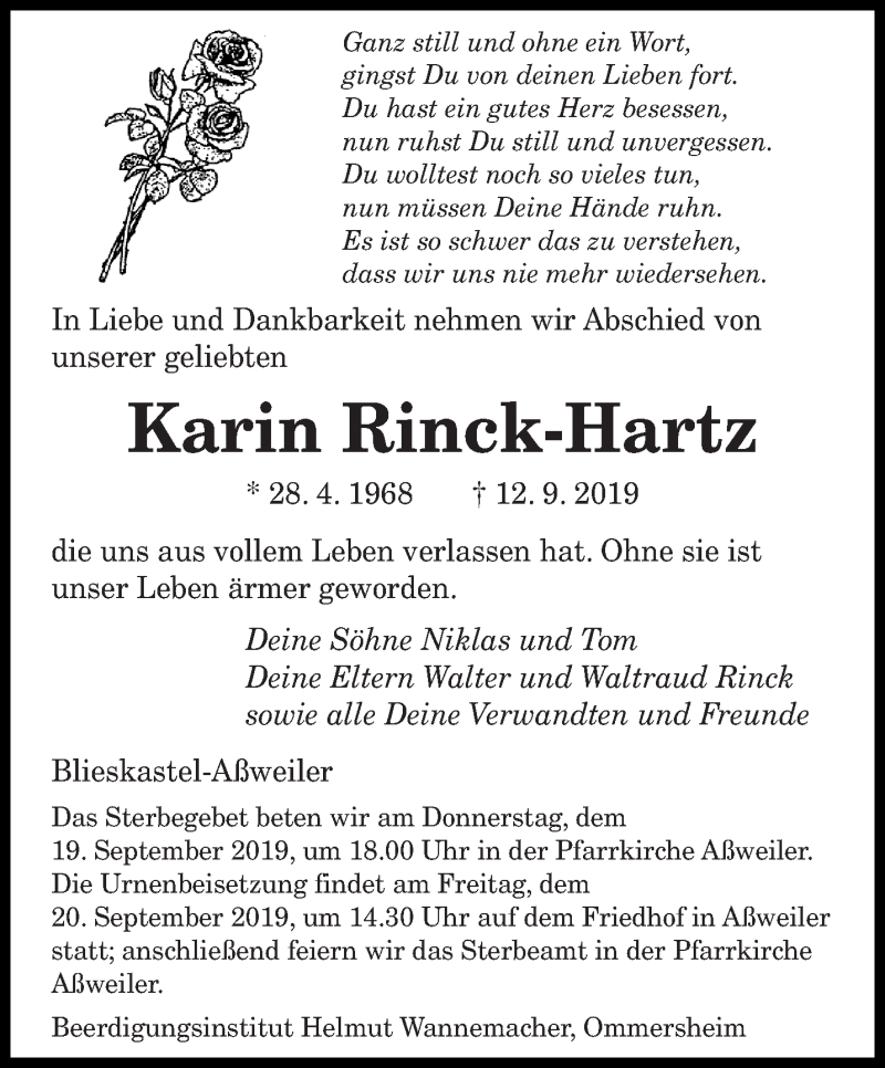  Traueranzeige für Karin Rinck-Hartz vom 17.09.2019 aus saarbruecker_zeitung