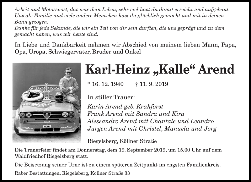  Traueranzeige für Karl-Heinz  Arend vom 14.09.2019 aus saarbruecker_zeitung