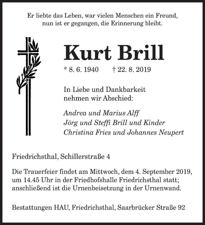  Traueranzeige für Kurt Brill vom 31.08.2019 aus saarbruecker_zeitung
