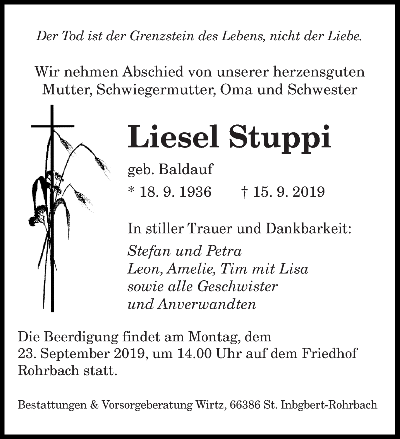  Traueranzeige für Liesel Stuppi vom 18.09.2019 aus saarbruecker_zeitung