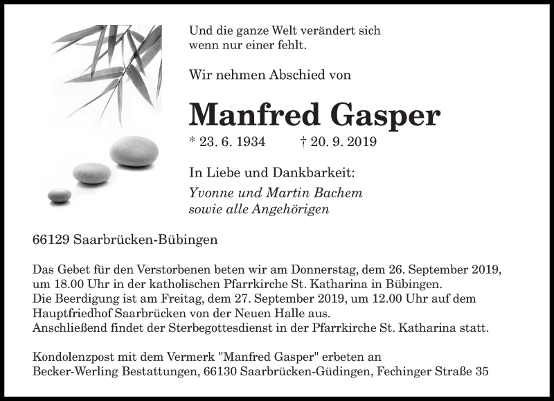  Traueranzeige für Manfred Gasper vom 25.09.2019 aus saarbruecker_zeitung