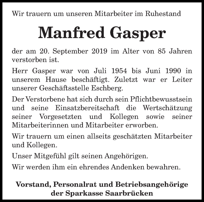  Traueranzeige für Manfred Gasper vom 25.09.2019 aus saarbruecker_zeitung