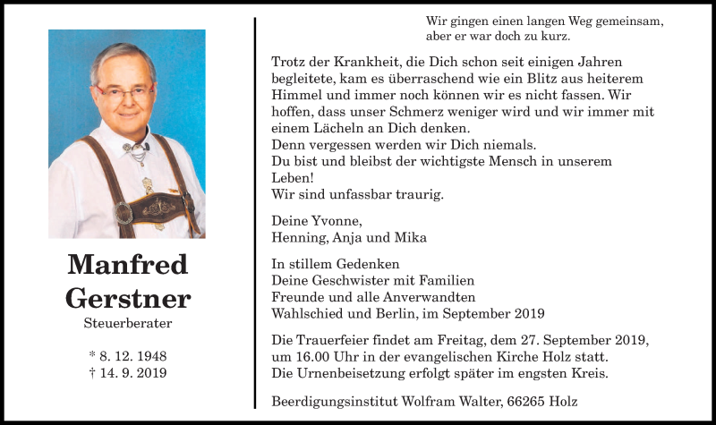  Traueranzeige für Manfred Gerstner vom 25.09.2019 aus saarbruecker_zeitung