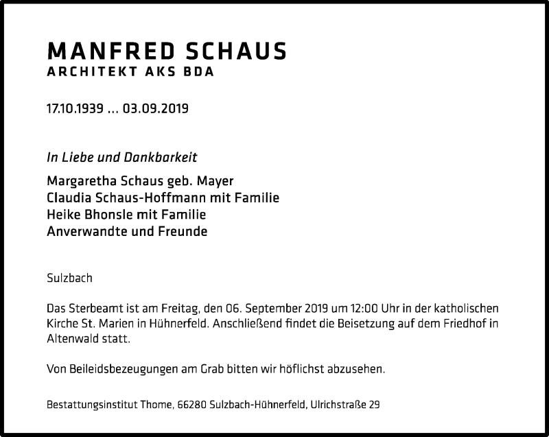  Traueranzeige für Manfred Schaus vom 05.09.2019 aus saarbruecker_zeitung