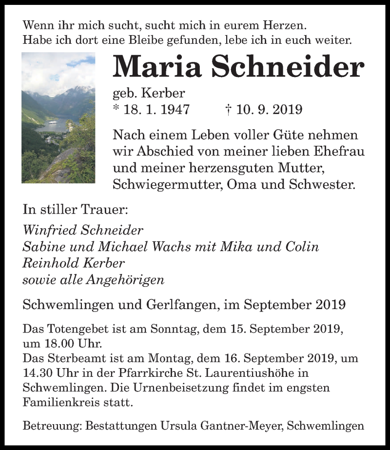  Traueranzeige für Maria Schneider vom 12.09.2019 aus saarbruecker_zeitung