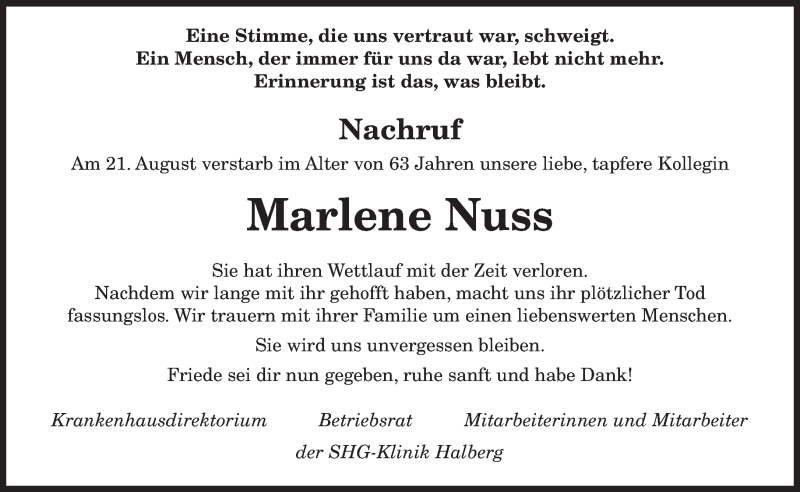  Traueranzeige für Marlene Nuss vom 31.08.2019 aus saarbruecker_zeitung