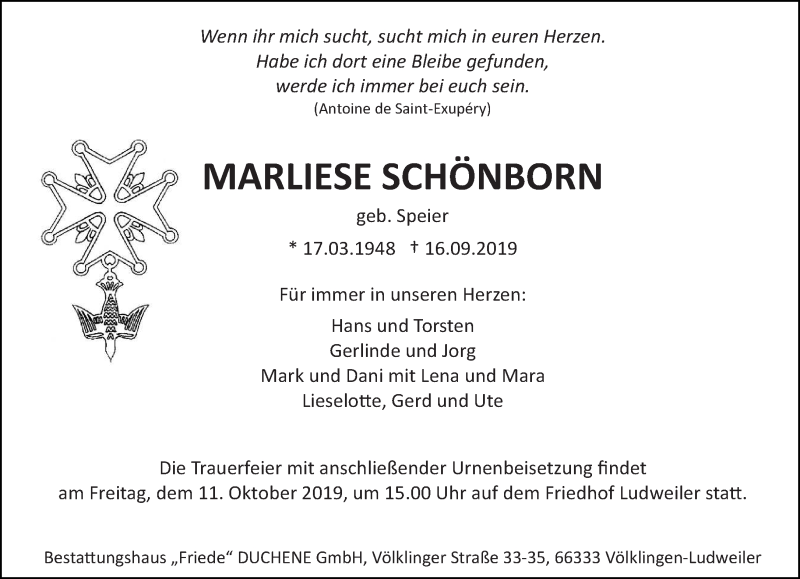  Traueranzeige für Marliese Schönborn vom 21.09.2019 aus saarbruecker_zeitung