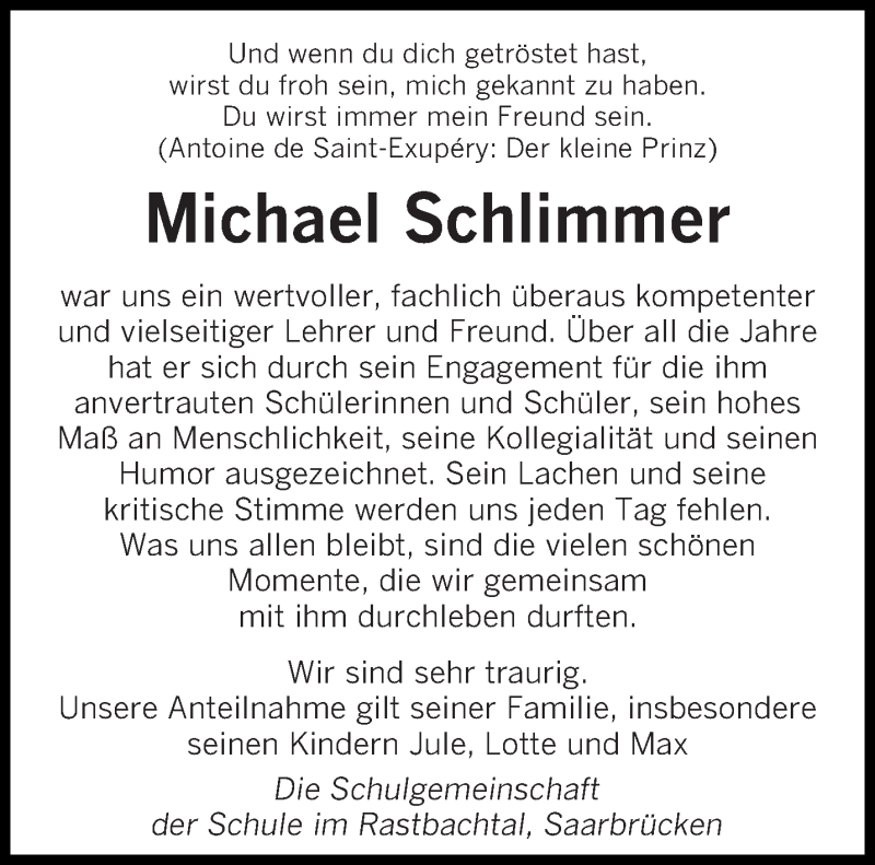  Traueranzeige für Michael Schlimmer vom 21.09.2019 aus saarbruecker_zeitung