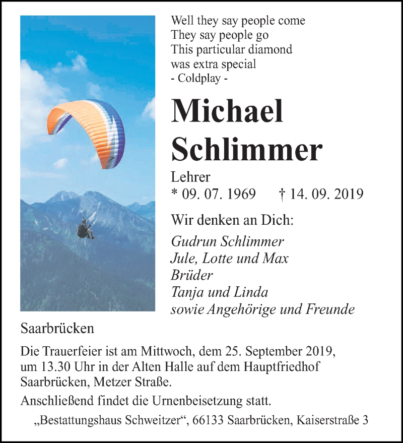  Traueranzeige für Michael Schlimmer vom 19.09.2019 aus saarbruecker_zeitung