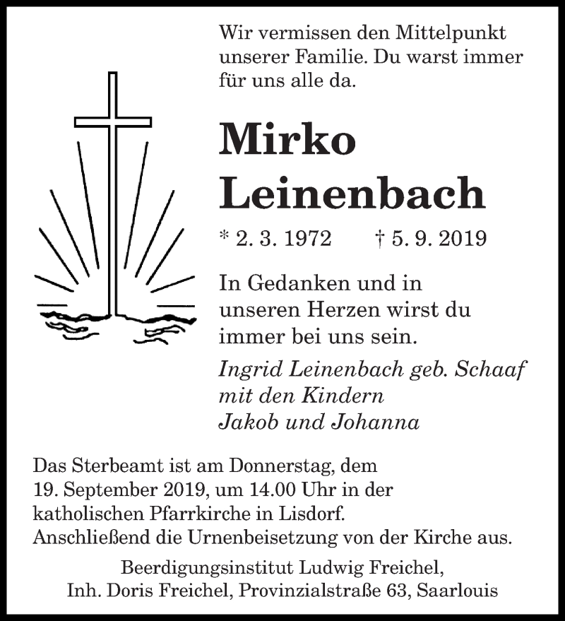  Traueranzeige für Mirko Leinenbach vom 17.09.2019 aus saarbruecker_zeitung
