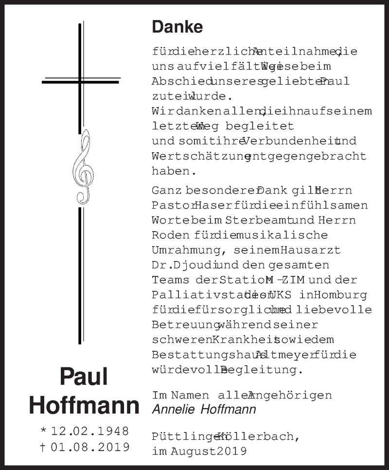  Traueranzeige für Paul Hoffmann vom 31.08.2019 aus saarbruecker_zeitung